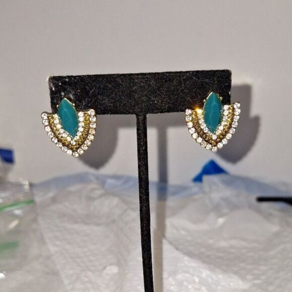 Vintage Post Back Pierced Earrings Faux Turquoise Rhinestone Native American - Picture 1 of 8